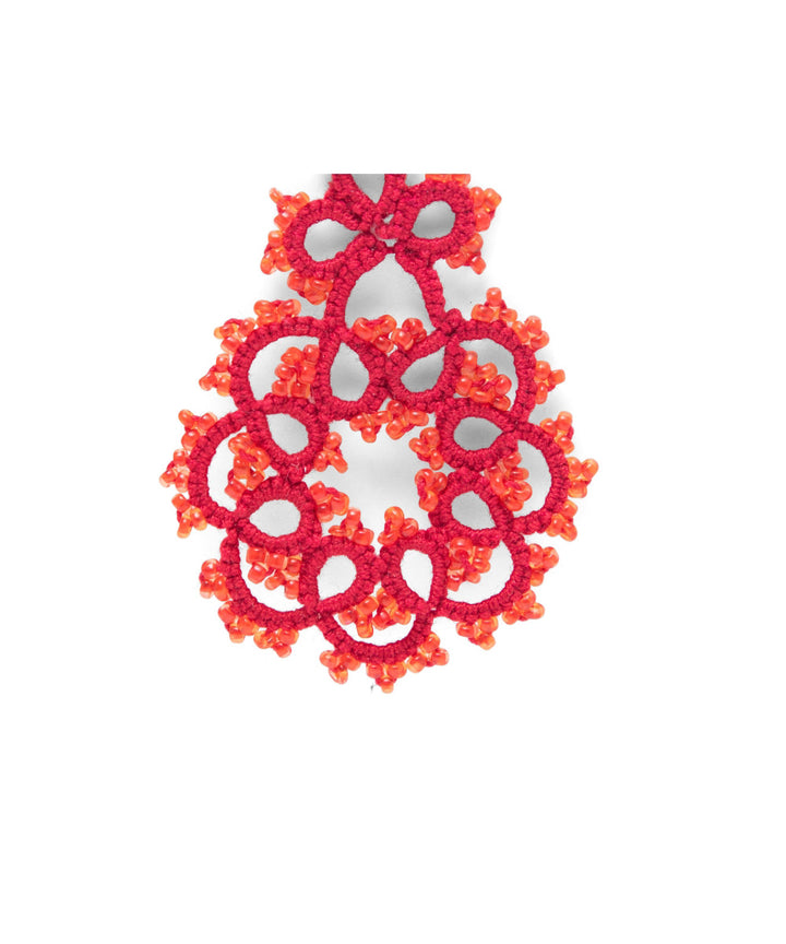 Red hand made tatting fabric and metal earring