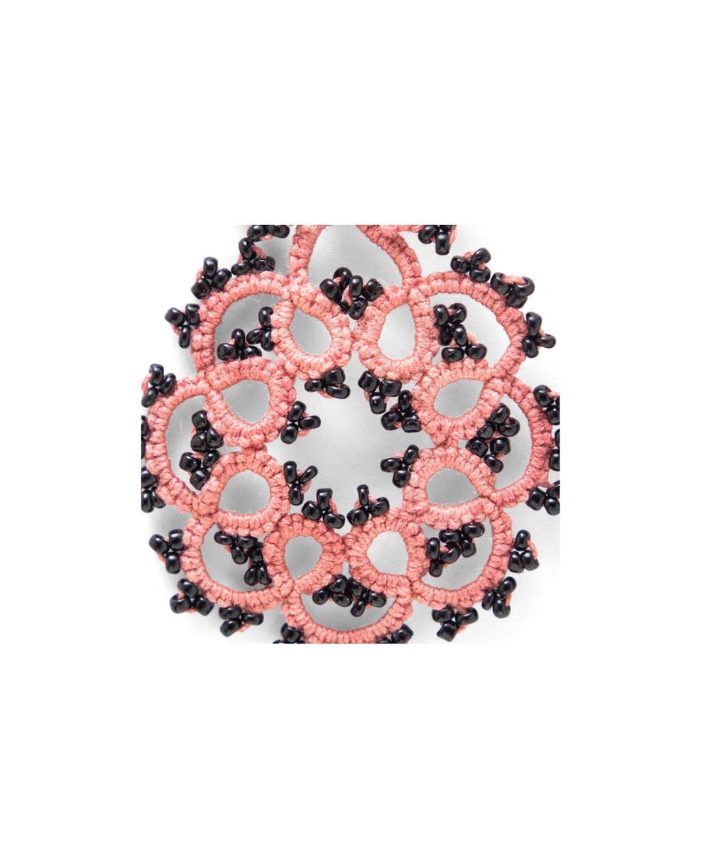 Pink handmade tatting fabric and metal earring