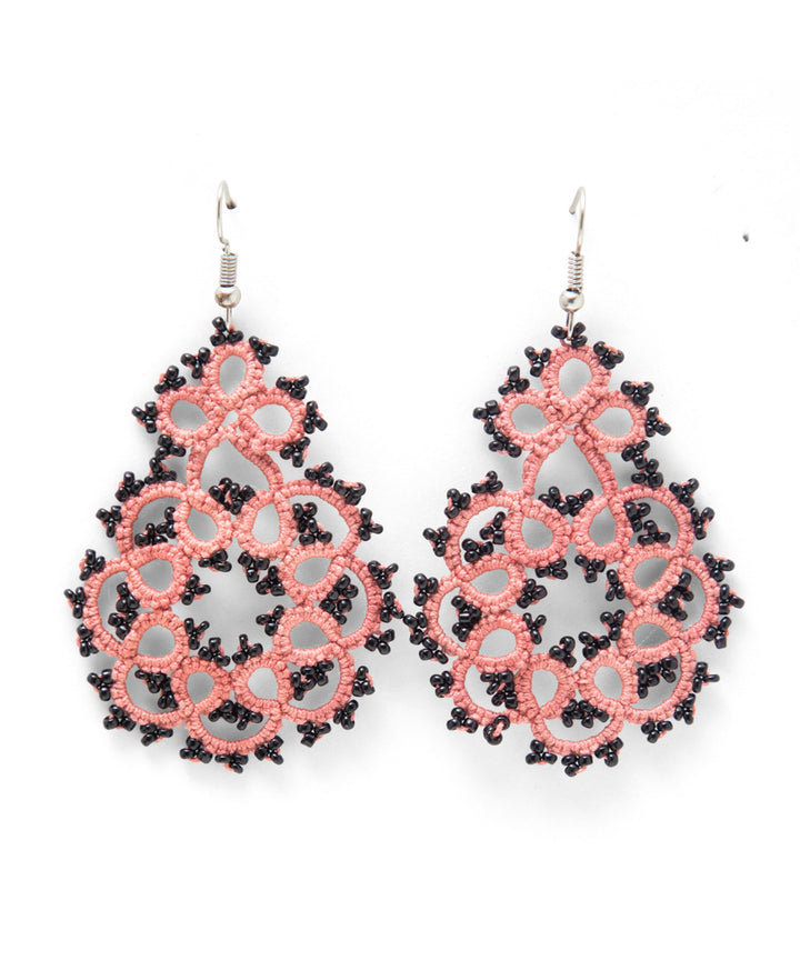 Pink handmade tatting fabric and metal earring