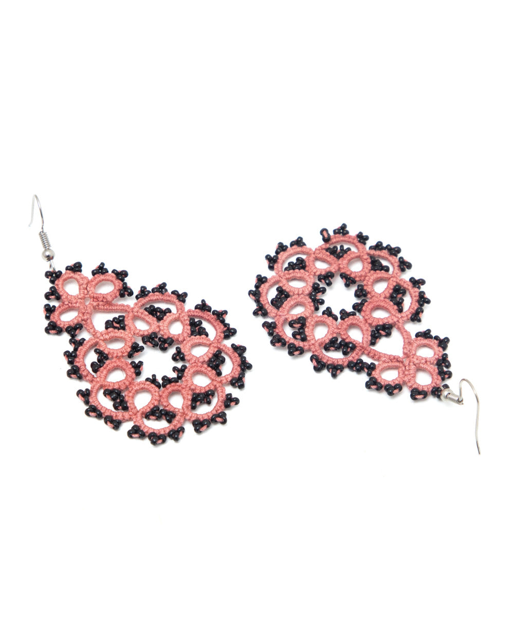 Pink handmade tatting fabric and metal earring