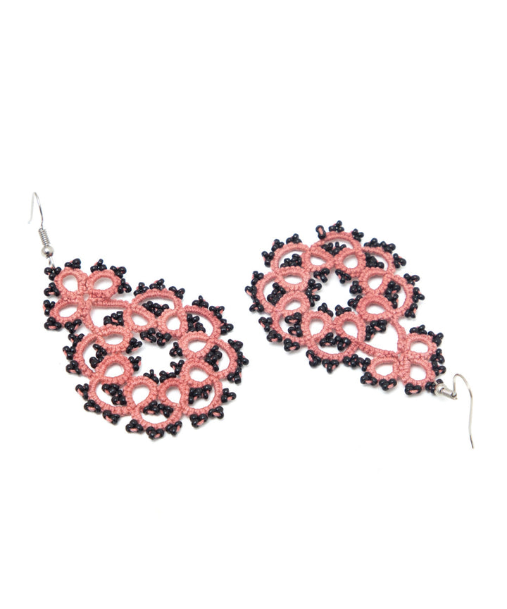 Pink handmade tatting fabric and metal earring