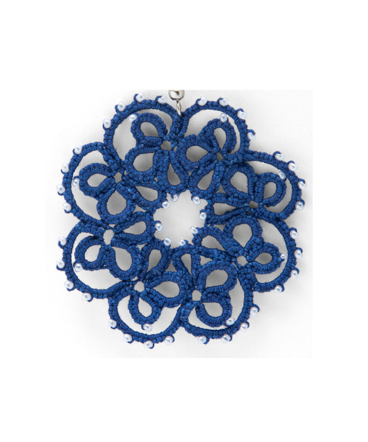 Navy blue hand made tatting fabric and metal earring