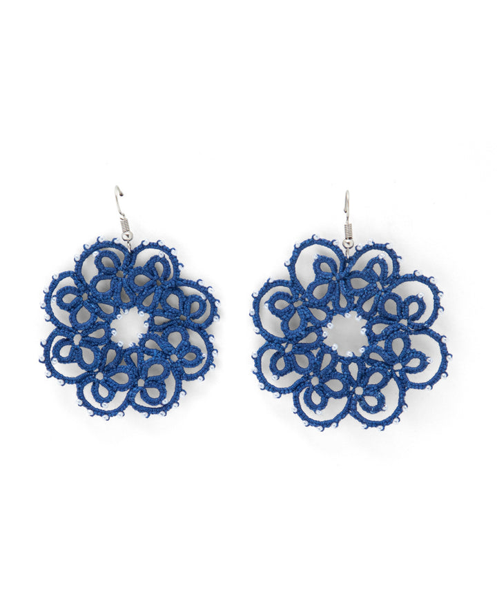 Navy blue hand made tatting fabric and metal earring
