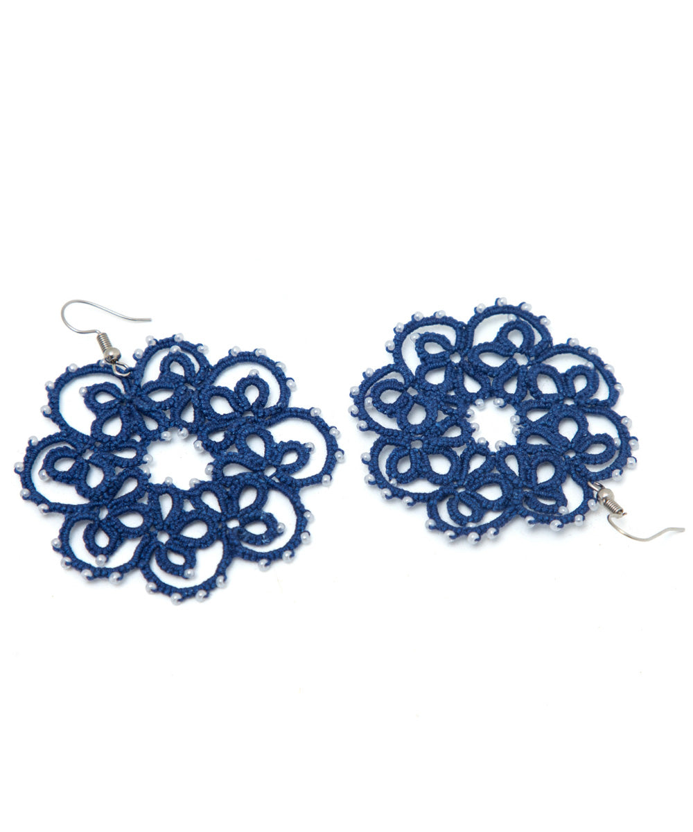 Navy blue hand made tatting fabric and metal earring