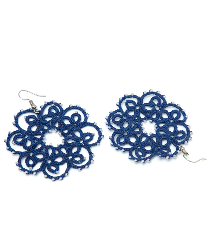 Navy blue hand made tatting fabric and metal earring