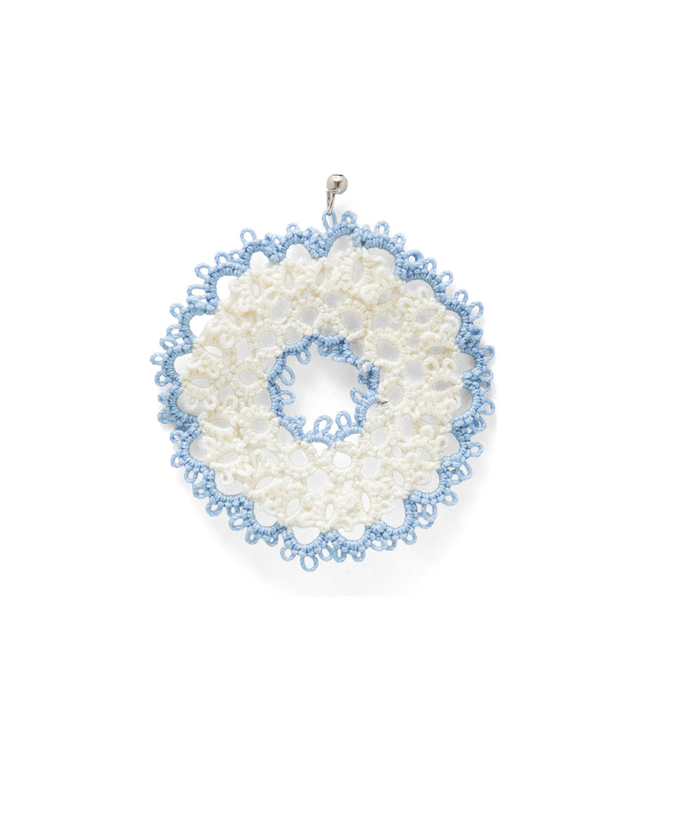 White sky blue handmade tatting fabric and metal earring