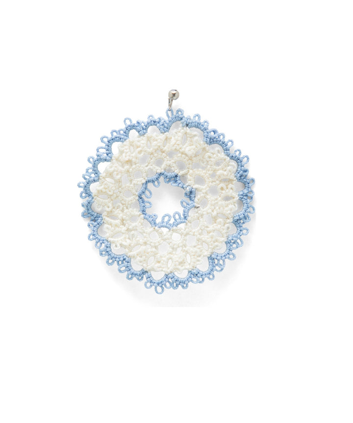 White sky blue handmade tatting fabric and metal earring