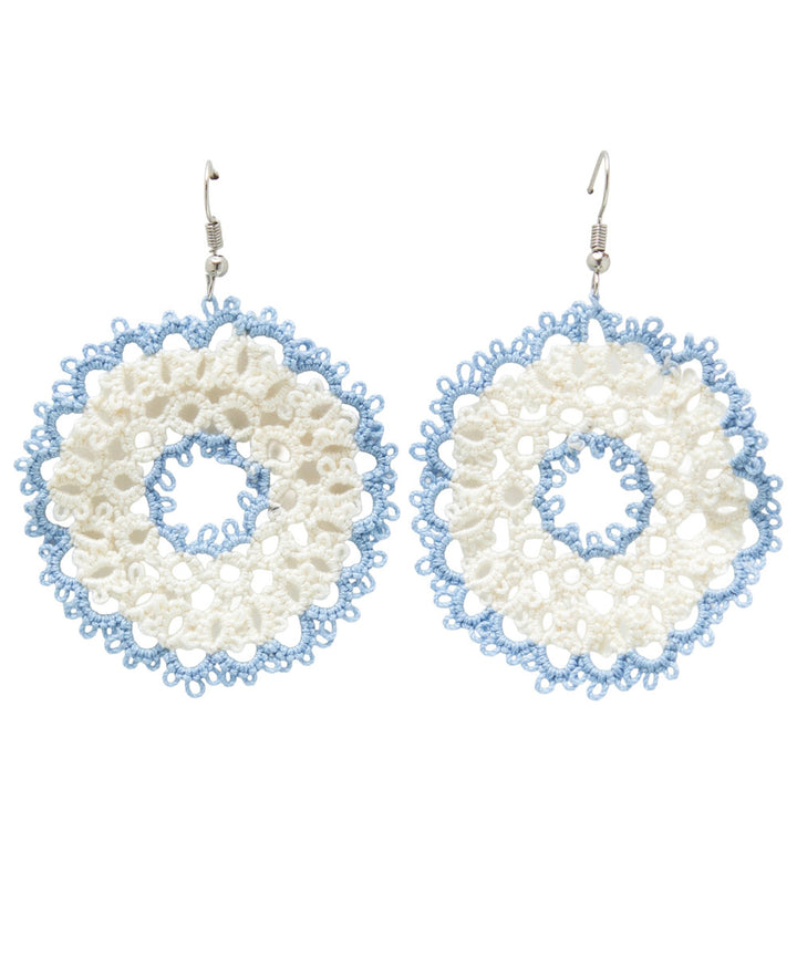 White sky blue handmade tatting fabric and metal earring