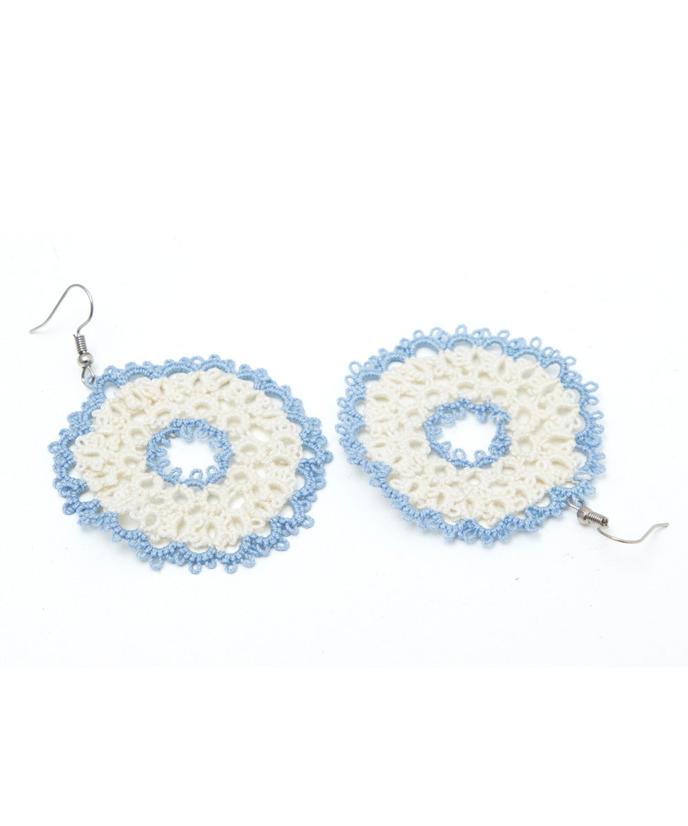 White sky blue handmade tatting fabric and metal earring
