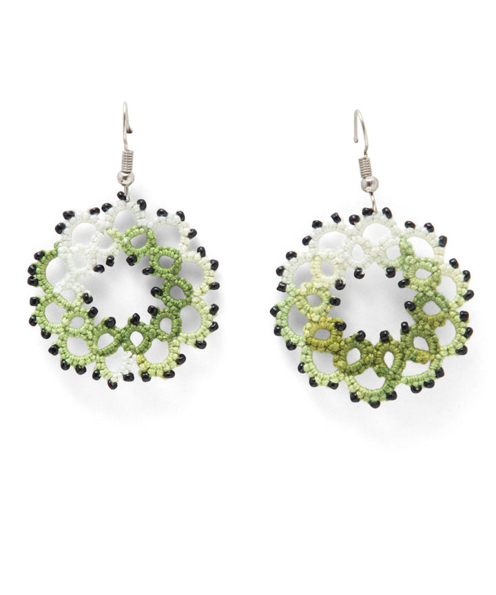 Light green handmade tatting fabric and metal earring