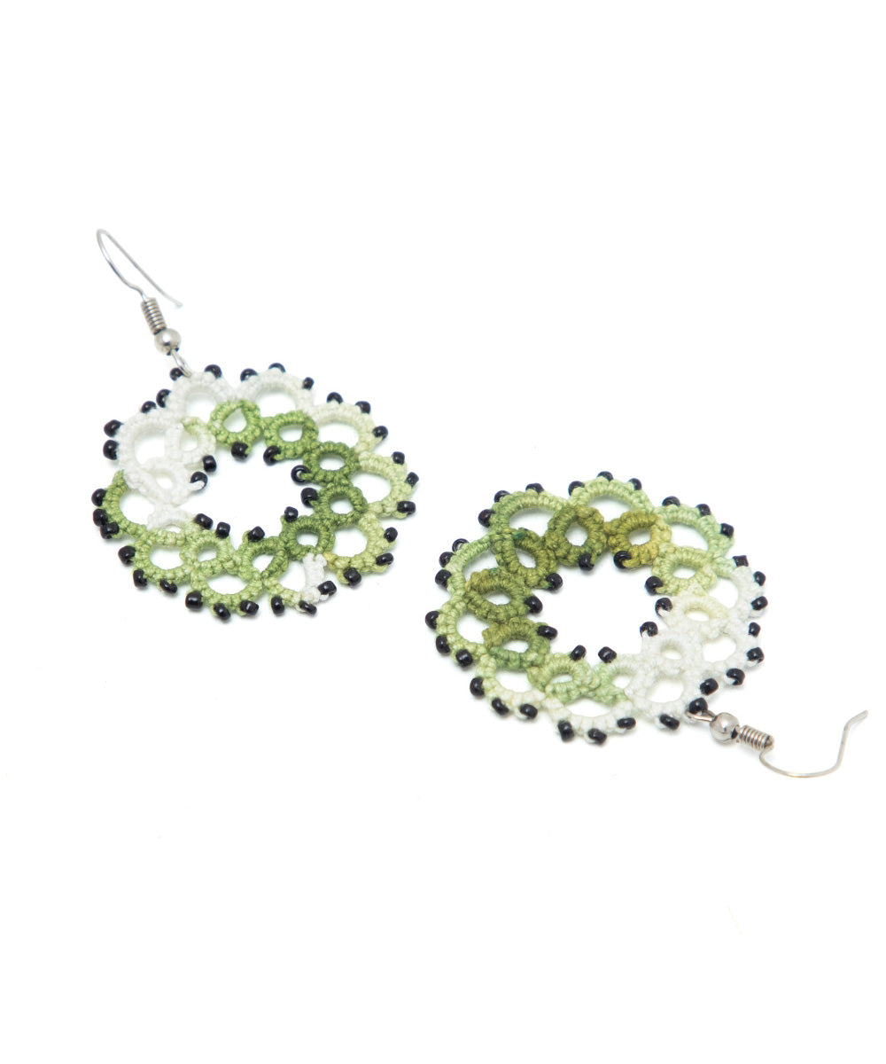 Light green handmade tatting fabric and metal earring