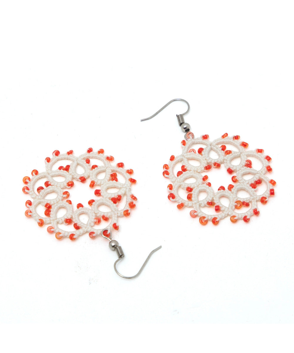 White red handmade tatting fabric and metal earring