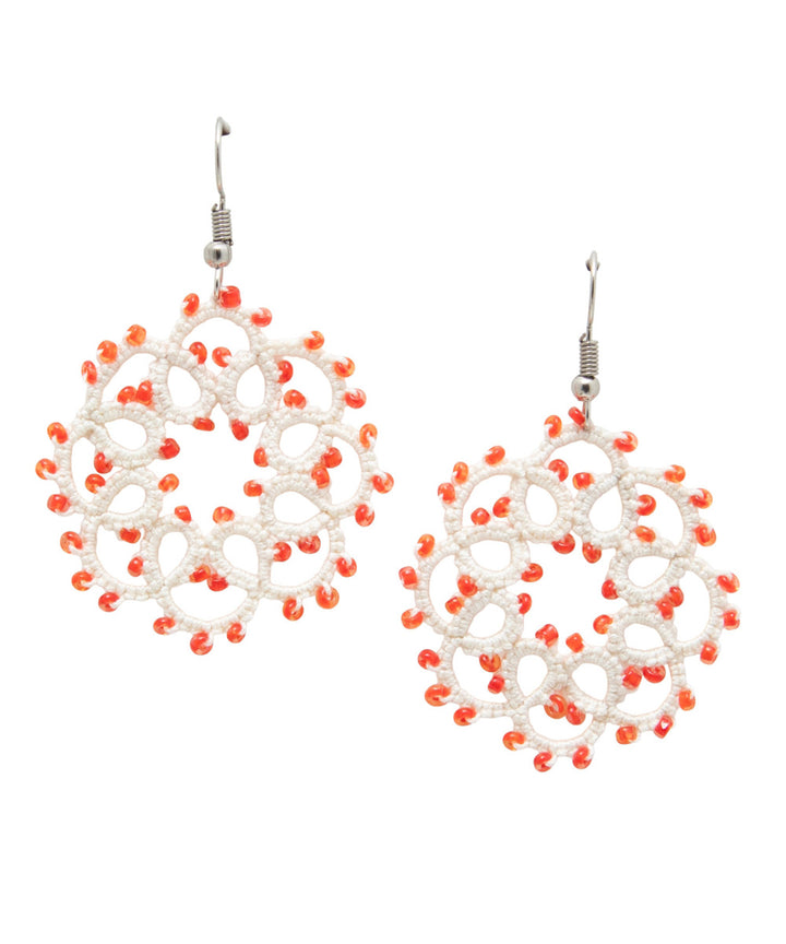 White red handmade tatting fabric and metal earring