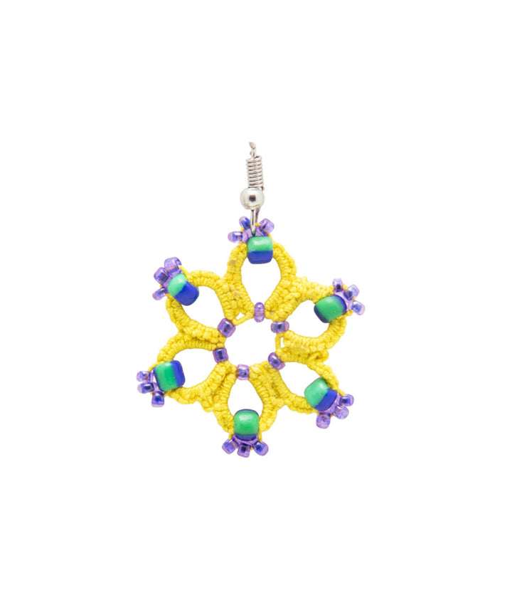Yellow handmade tatting fabric and metal earring
