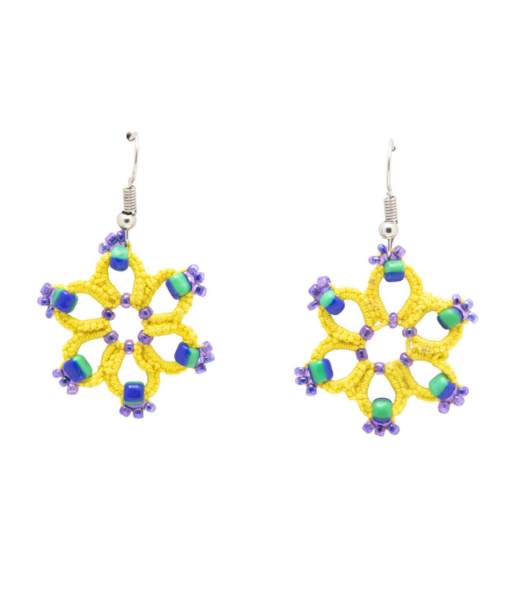 Yellow handmade tatting fabric and metal earring