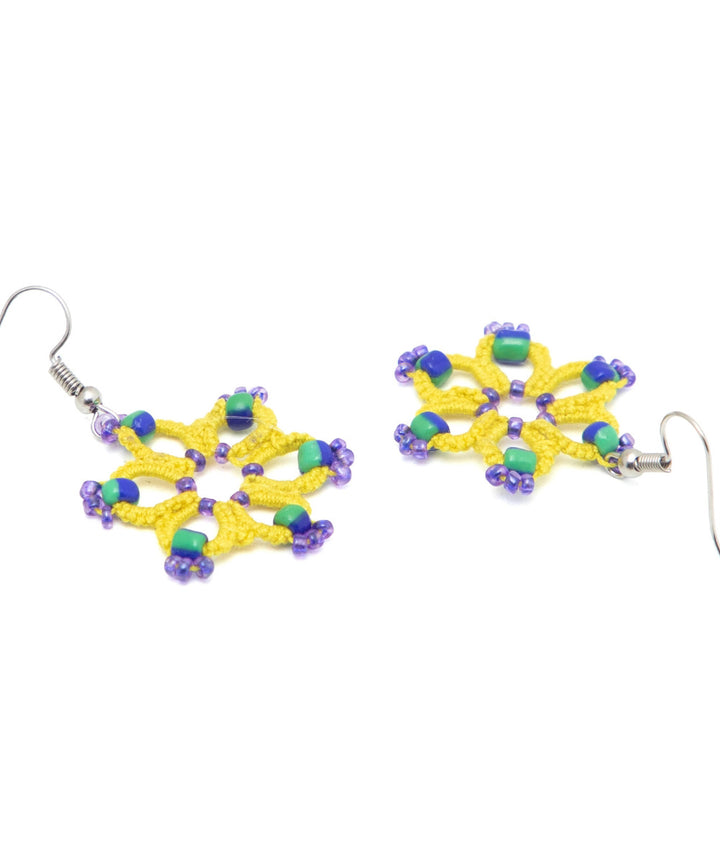 Yellow handmade tatting fabric and metal earring