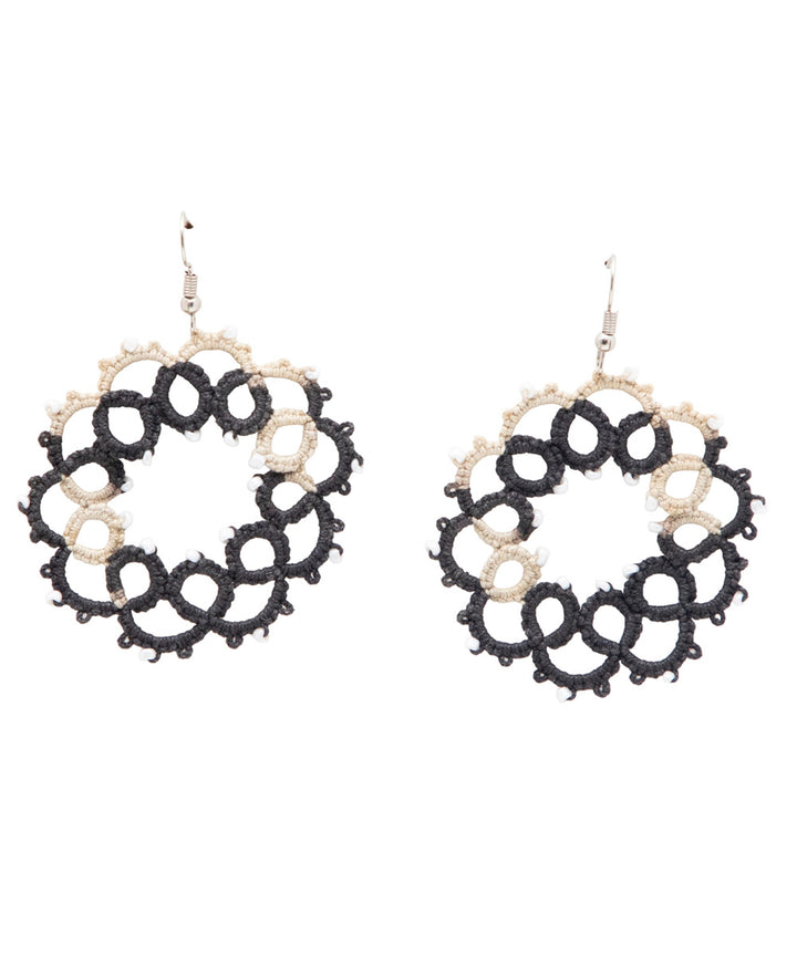 White black handmade tatting fabric and metal earring