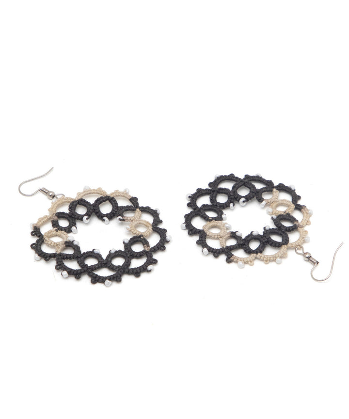 White black handmade tatting fabric and metal earring
