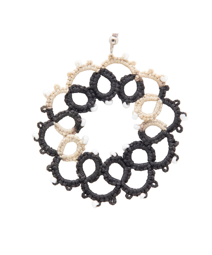 White black handmade tatting fabric and metal earring