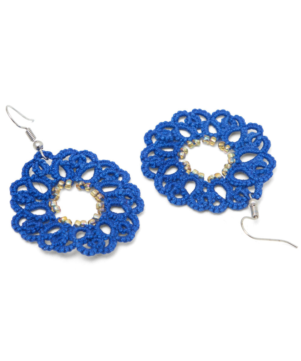 Navy blue handmade tatting fabric and metal earring
