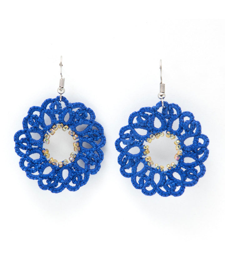 Navy blue handmade tatting fabric and metal earring