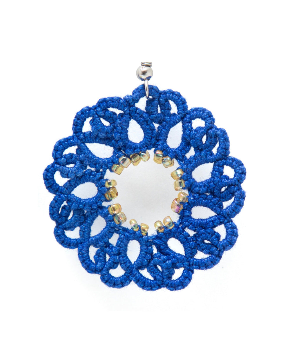 Navy blue handmade tatting fabric and metal earring