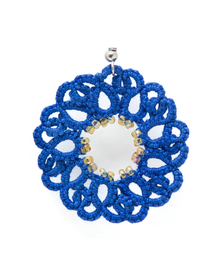 Navy blue handmade tatting fabric and metal earring
