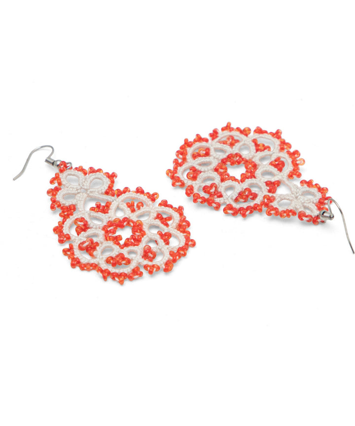 Red white handmade tatting fabric and metal earring