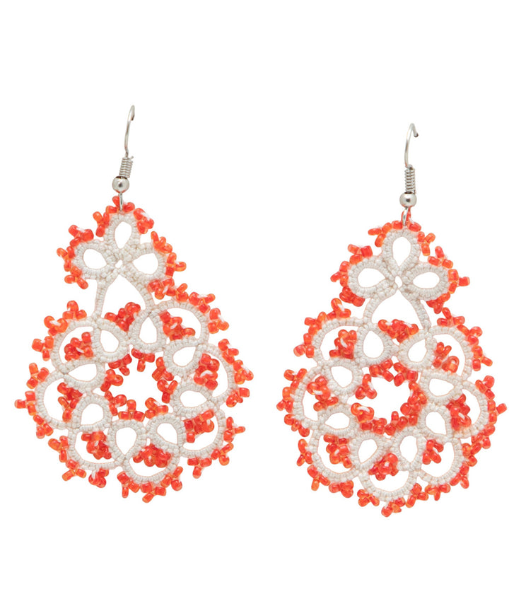 Red white handmade tatting fabric and metal earring
