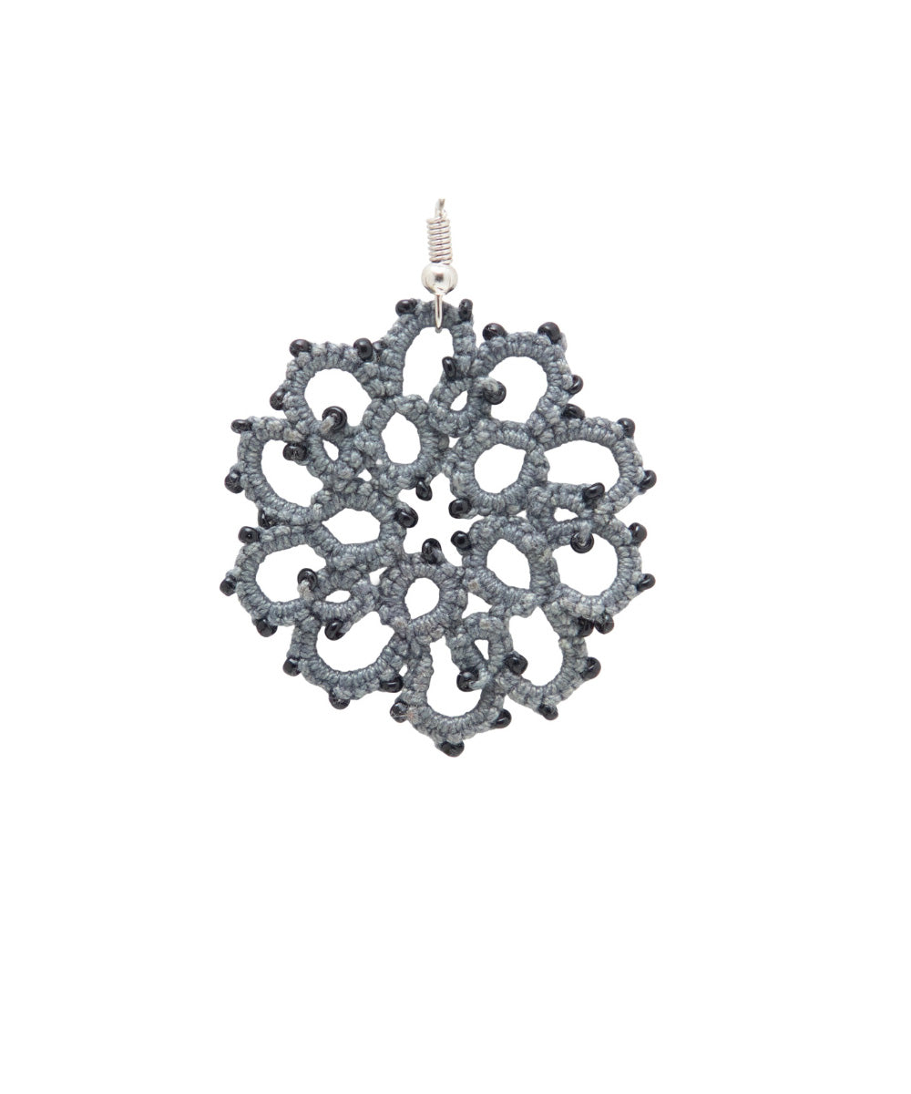 Grey handmade tatting fabric and metal earring