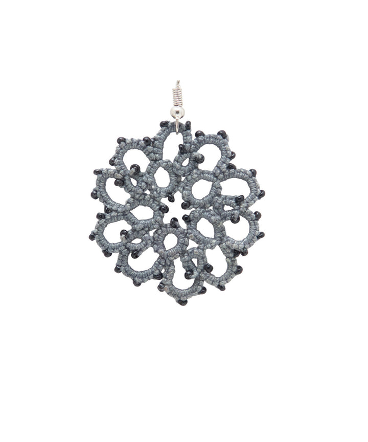 Grey handmade tatting fabric and metal earring
