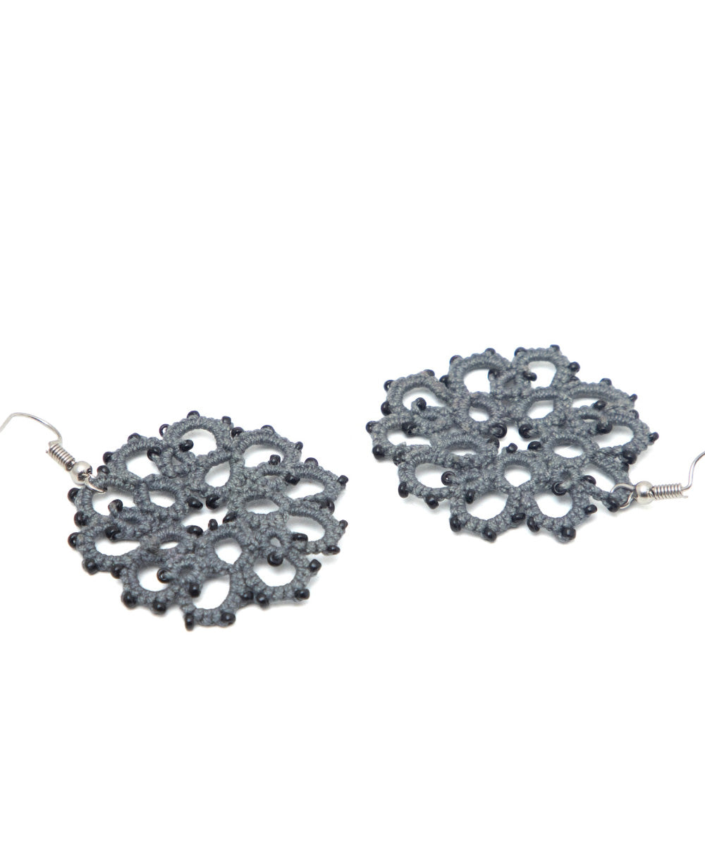 Grey handmade tatting fabric and metal earring