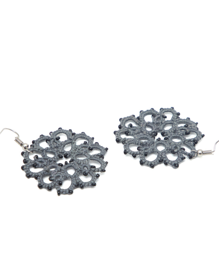 Grey handmade tatting fabric and metal earring