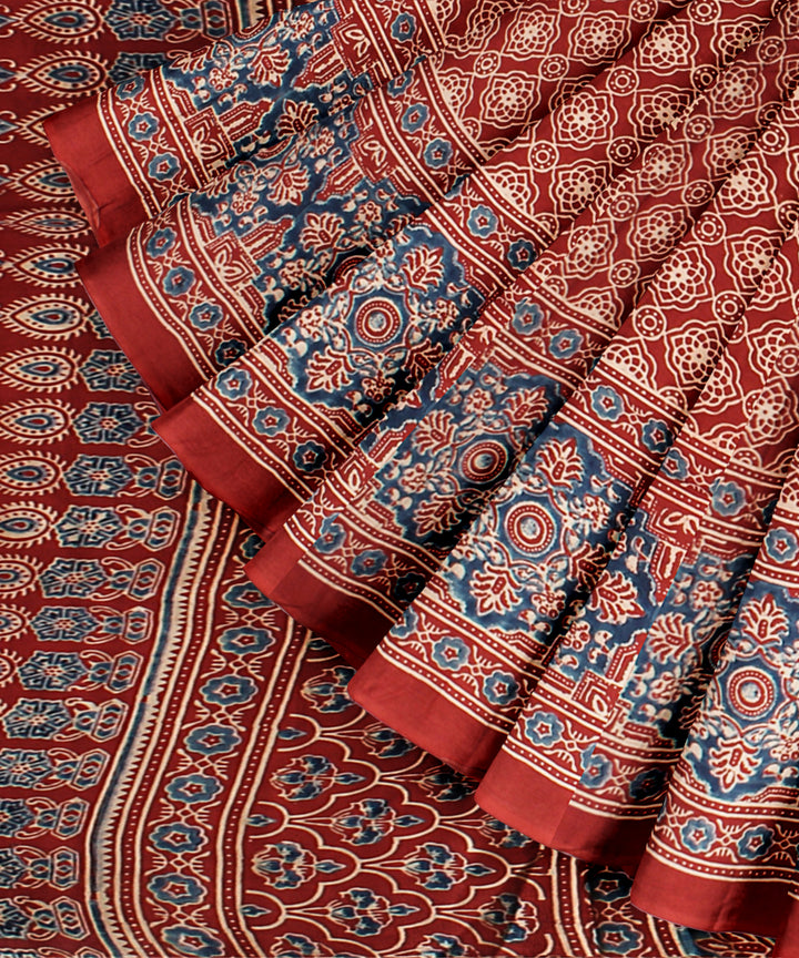 Red blue ajrakh hand painted modal silk saree