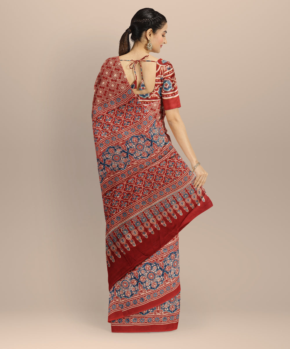 Red blue ajrakh hand painted modal silk saree