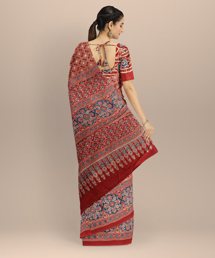 Red blue ajrakh hand painted modal silk saree