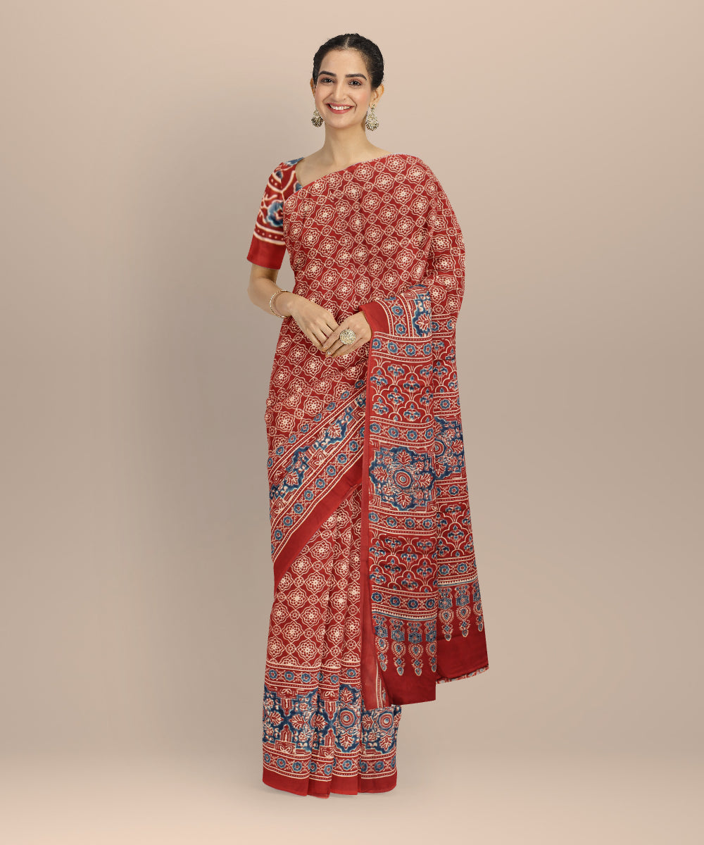 Red blue ajrakh hand painted modal silk saree