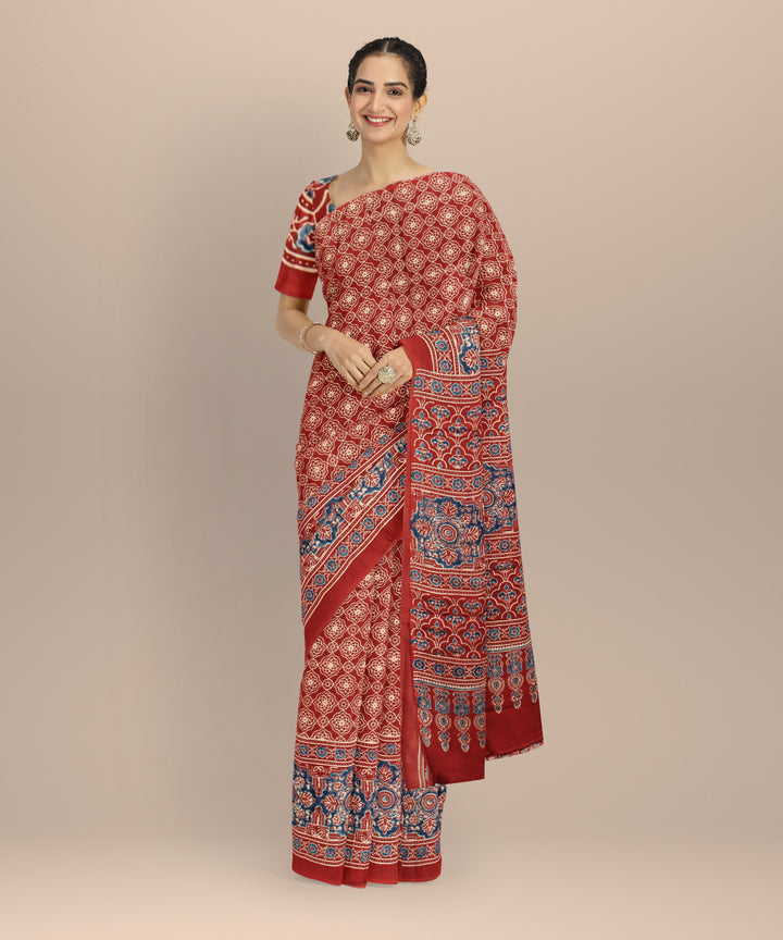 Red blue ajrakh hand painted modal silk saree