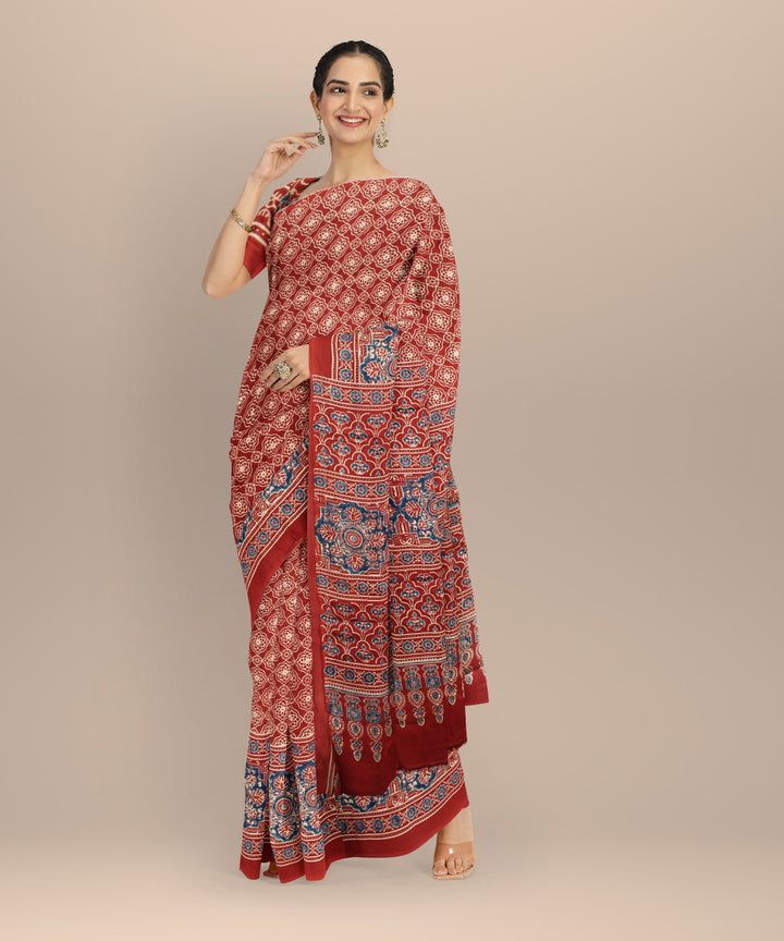 Red blue ajrakh hand painted modal silk saree
