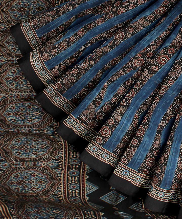 Blue black hand painted modal silk ajrakh saree