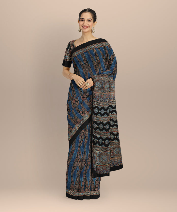 Blue black hand painted modal silk ajrakh saree