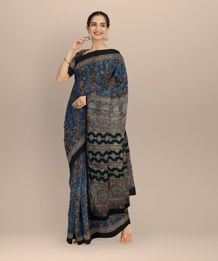 Blue black hand painted modal silk ajrakh saree