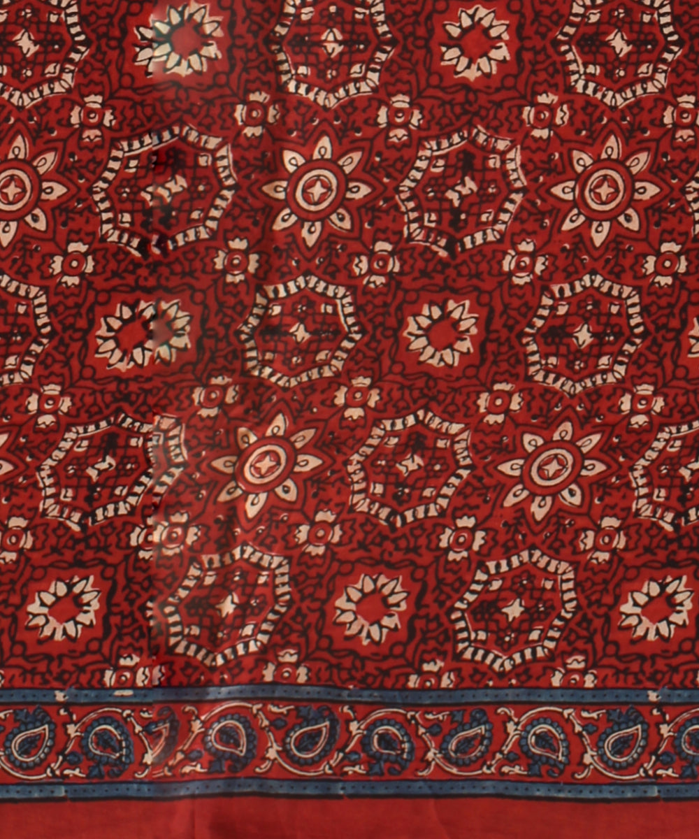 Red blue hand painted ajrakh modal silk saree