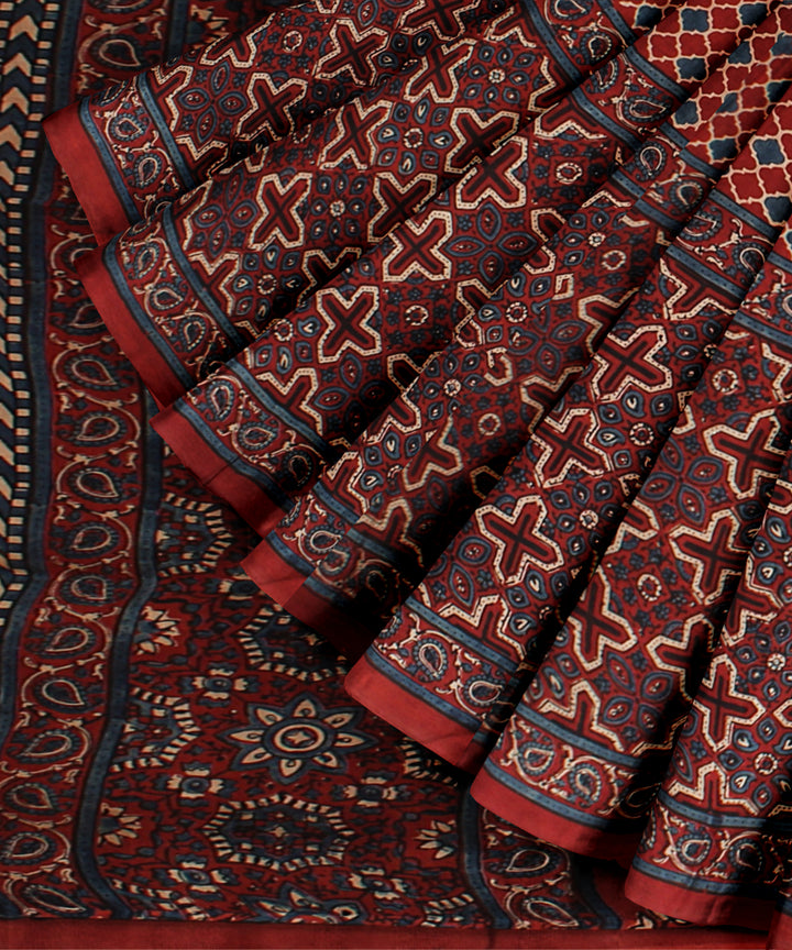 Red blue hand painted ajrakh modal silk saree
