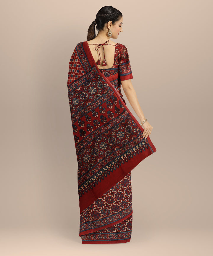 Red blue hand painted ajrakh modal silk saree