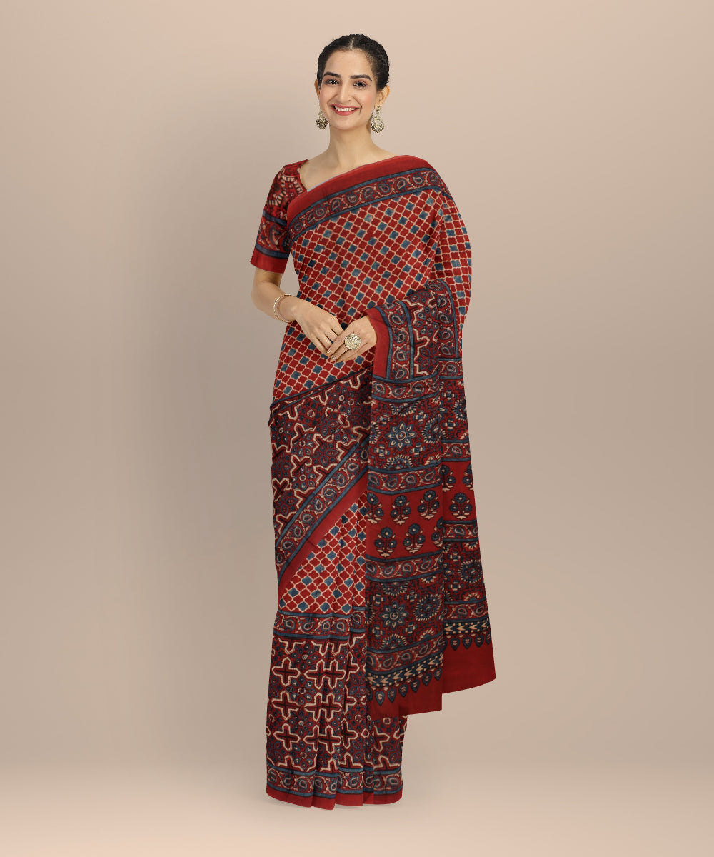 Red blue hand painted ajrakh modal silk saree