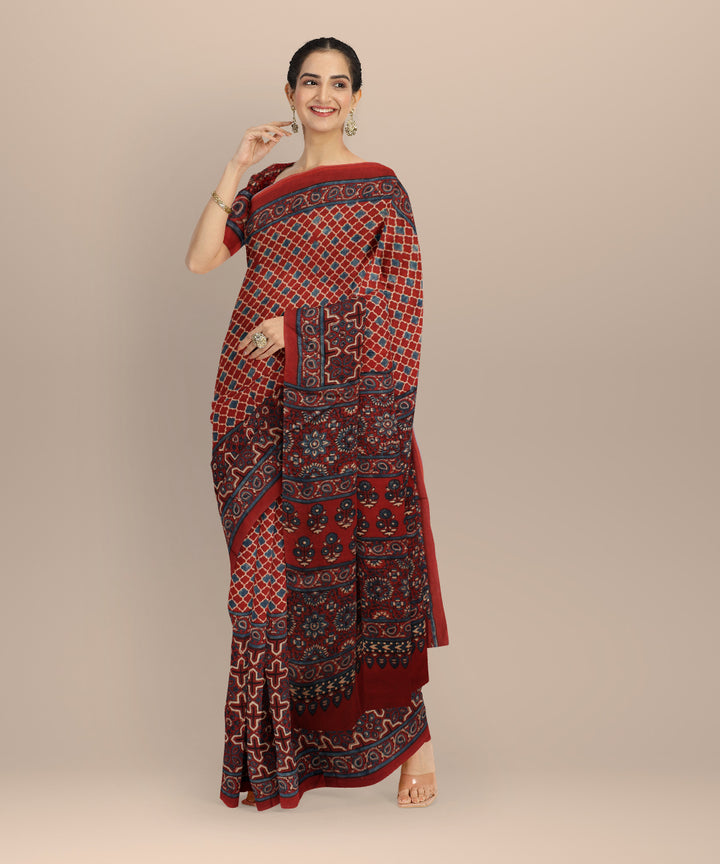 Red blue hand painted ajrakh modal silk saree