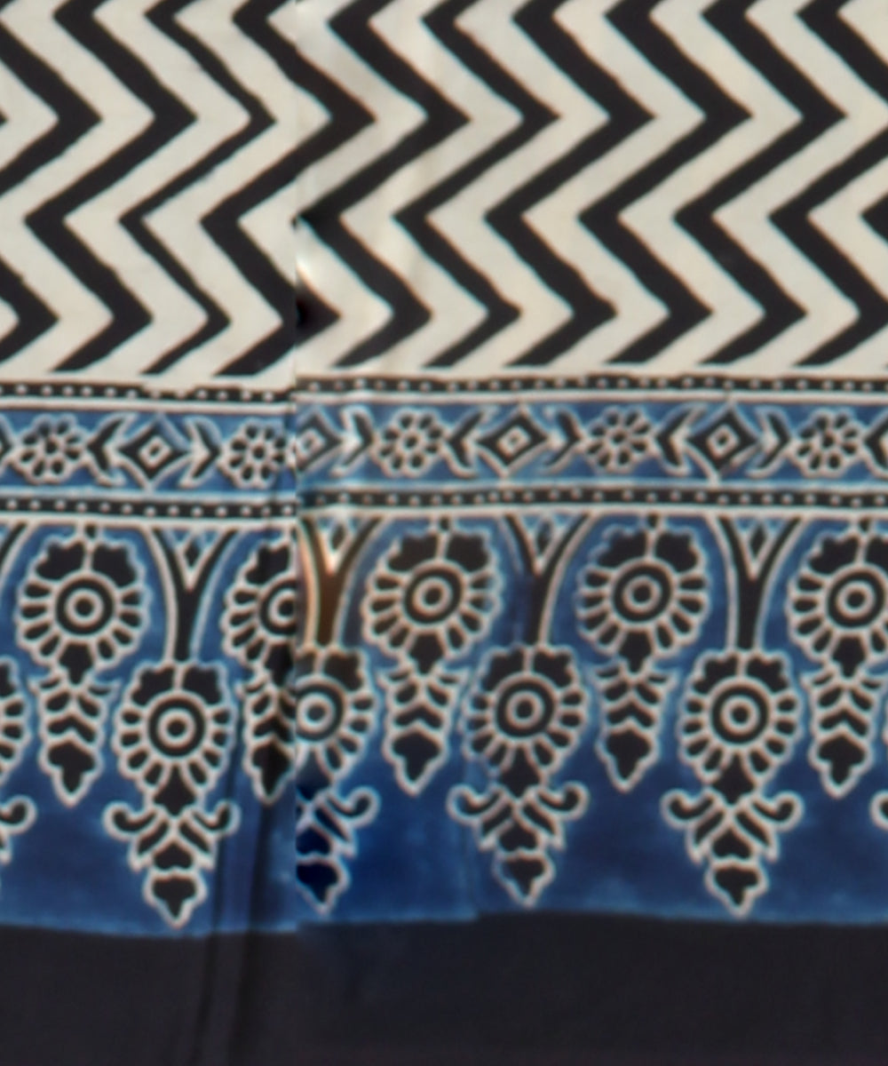 Black blue hand painted ajrakh modal silk saree