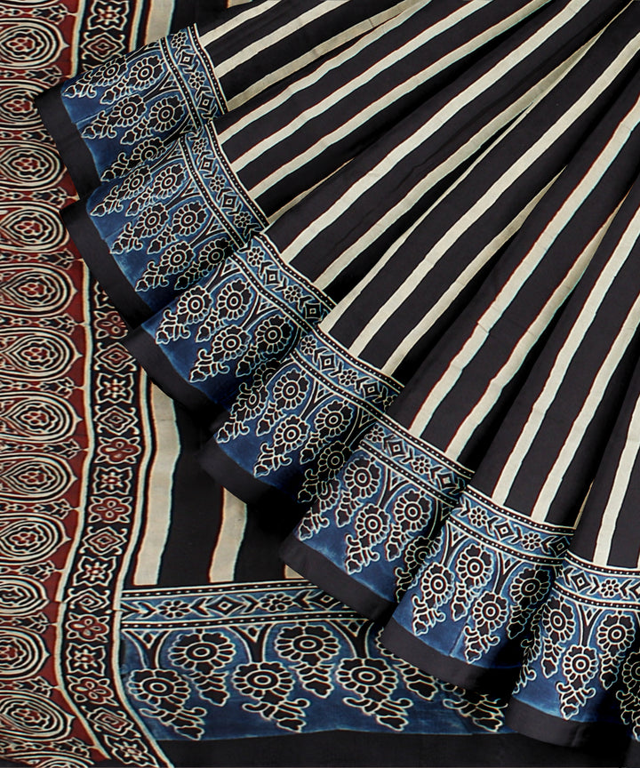 Black blue hand painted ajrakh modal silk saree