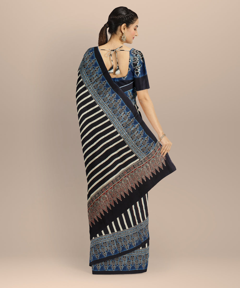 Black blue hand painted ajrakh modal silk saree